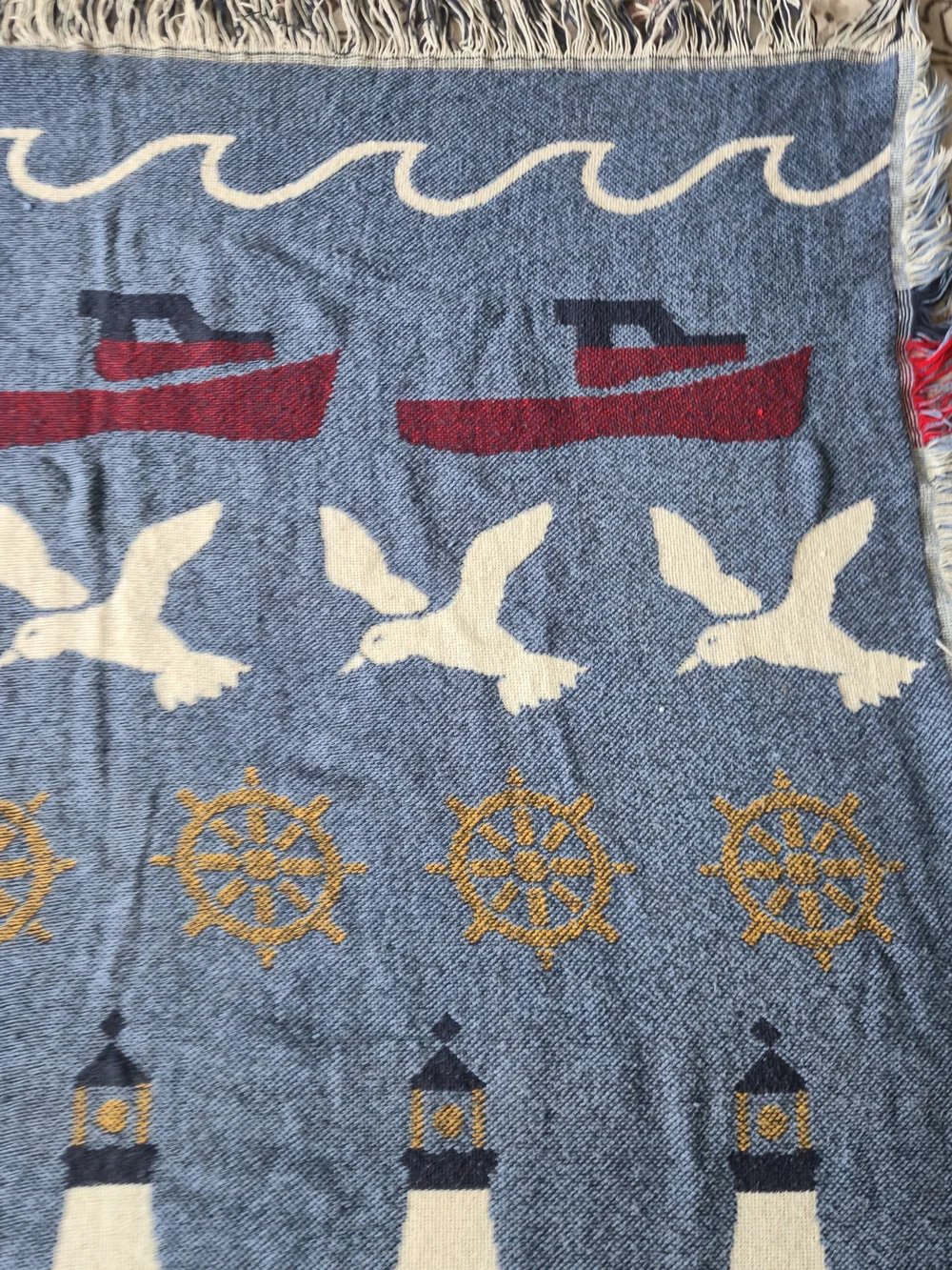 Vintage Nautical Woven Tapestry Throw Blanket 60x47 Coastal Beach Seaside Fringe